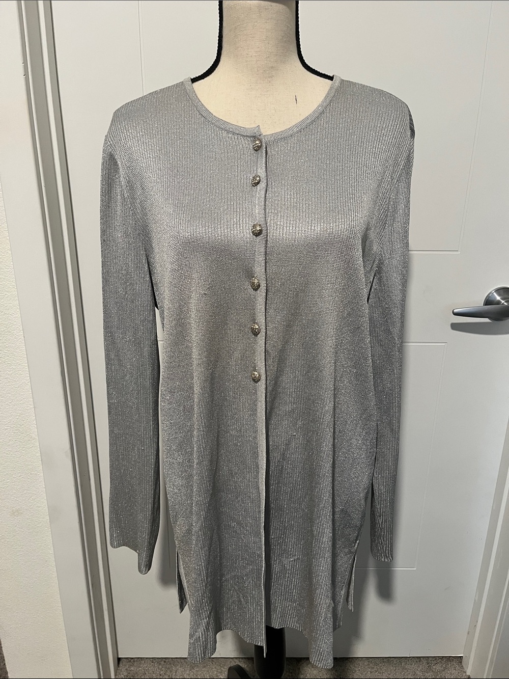St. John Silver Metallic Shimmery Button Front Closure Cardigan Event Party